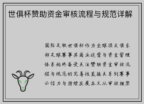世俱杯赞助资金审核流程与规范详解